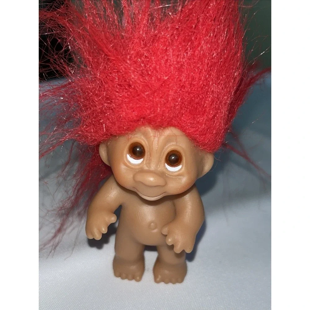 Vintage 1985 DAN Troll Doll 3' Red Hair Amber Eyes No Clothes Plastic Tag Loop